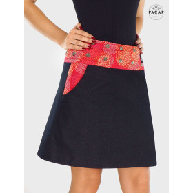 jupe jean noir motif ethnique aborigène rouge, jupe ceinture motif ethnique ikat pois rouge grossiste jupe jean