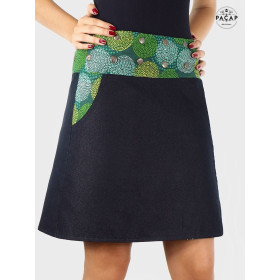 jupe jean pour femme motif aborigène ikat vert, jupe a pois vert, jupe tribal, jupe évasée, jupe femme