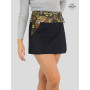 mini jupe jean noir motif floral marron pour femme , coupe portefeuille réversible boutonnée