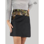 jupe droite jean noir motif floral marron pour femme , coupe portefeuille réversible boutonnée