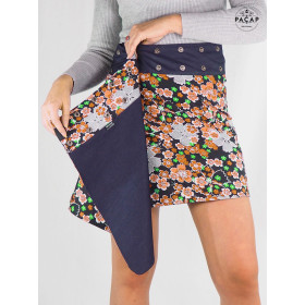 jupe jean portefeuille réversible femme motif fleurs orange