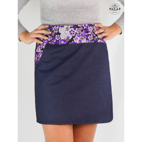 jupe jean bleue motif a fleurs bleues