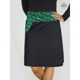 jupe longue droite en jean noir ceinture boutonnée imprimé ethnique vert pour femme
