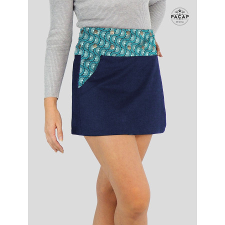 jupe courte fendue en jean bleu pour femme doublure motif vert ethnique avec poche ceinture boutonnée