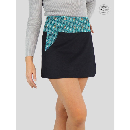 jupe courte portefeuille en jean noir pour femme doublure motif vert géometrique avec poche ceinture boutonnée