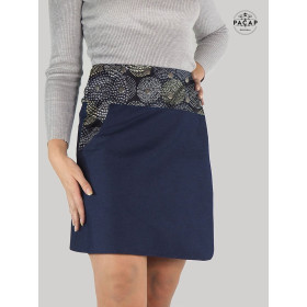 Jupe Aborigène en Jean Reversible Boutonnée Motif Pois Noir et Gris