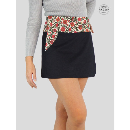 jupe courte liberty jean noir motif beige fleurs rouges