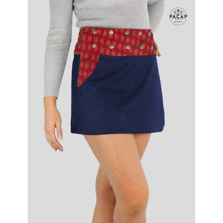 jupe trapèze courte seigaiha rouge en jean bleu