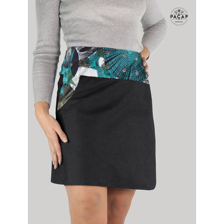 Jupe Jean noir Portefeuille Grande Taille Réversible à Poches Motif Ethnique Vert - HEFE XL