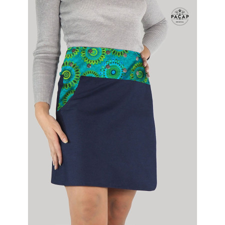 jupe trapèze femme en jean grande taille avec poche imprimé folk vert, jupe ethnique