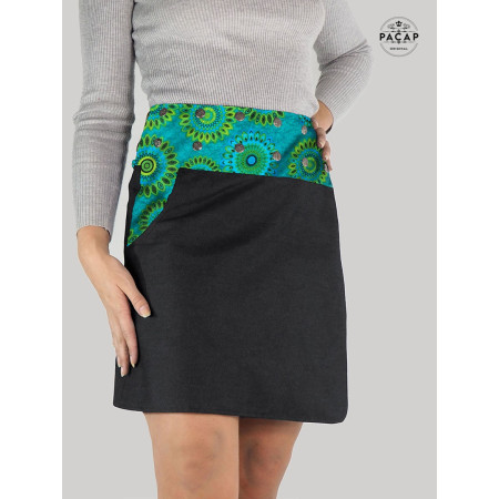 jupe trapèze femme en jean grande taille avec poche imprimé mandala vert et bleu