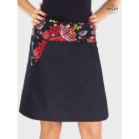 jupe femme ronde en jean noir réversible avec poche, taille haute boutonnée