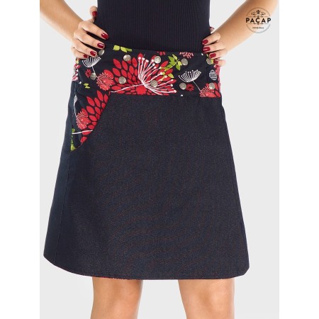 jupe femme ronde en jean noir réversible avec poche, taille haute boutonnée