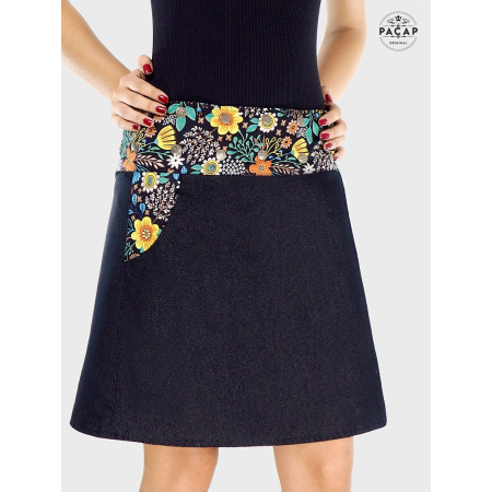 Jupe ajustable en jean noir avec poche pour femme grande taille, jupe evasée taille plus, femme enceinte