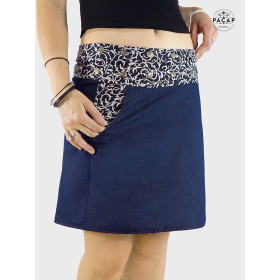jupe denim taille gourmande, jupe imprimé vegetale, jupe wrap grande taille ceinture boutonnée