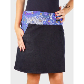 jupe jean noir grande taille motif ethnique aborigène bleu, jupe tribal, jupe africaine, jupe femme ronde