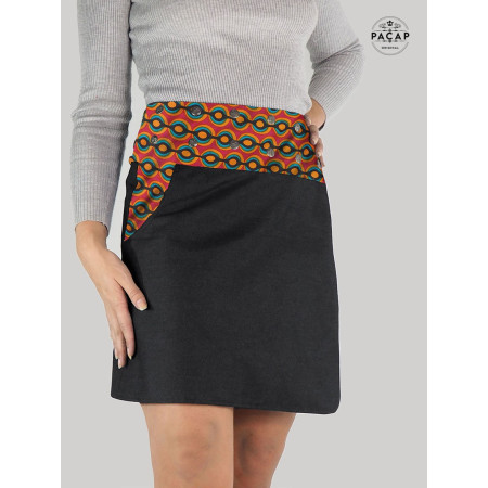 jupe ethnique grande taille en jean noir motif orange