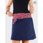 jupe taille xxl en jean bleu pour femme ronde motif fleurs rouge, jupe a poche, jupe a boutons