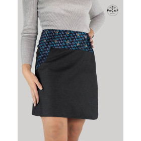 jupe trapèze grande taille en jean noir taille plus motif bleu japonais géometrique, jupe femme ronde