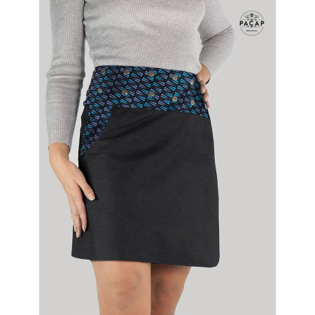 jupe trapèze grande taille en jean noir taille plus motif bleu japonais géometrique, jupe femme ronde