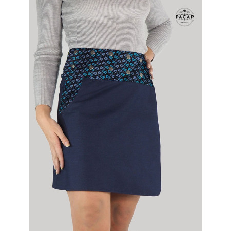 jupe trapèze grande taille en jean bleu taille plus motif bleu japonais géometrique, jupe femme ronde