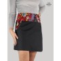 jupe jean noir grande taille, jupe femme ronde en jean à poche, jupe bouton pression xxl fleurs rouges
