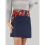 jupe jean bleu grande taille, jupe femme ronde en jean à poche, jupe bouton pression xxl fleurs rouges