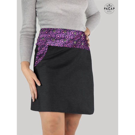 jupe grande taille, jupe portefeuille, jupe jean noir, jupe poche, jupe mauve, jupe violette femme ronde