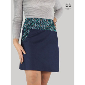 jupe femme grande taille jean bleu avec poche motif ethnique vert