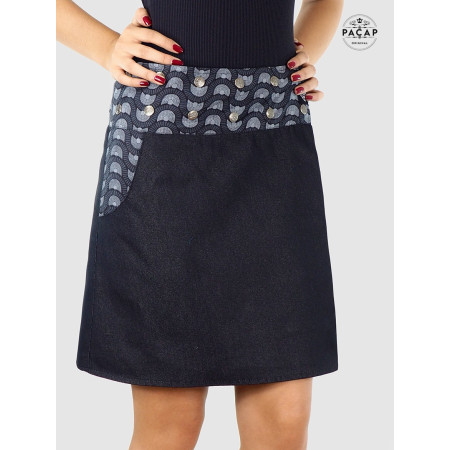 jupe jean denim taille plus, jupe 2 faces, jupe reversible, jupe poche ajustable, jupe grande taille réversible