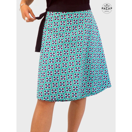 jupe portefeuille femme à fleurs, jupe verte avec liens à nouer, jupe multi-taille d'été, jupe coton colorée