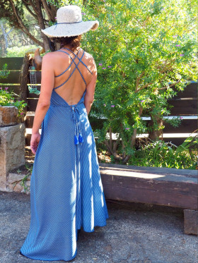 robe longue bleue femme dos nu , robe ficelle pompons lien a nouer , robe décontractée , , robe longue sans manche