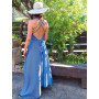 robe longue bleue femme dos nu , robe ficelle pompons lien a nouer , robe décontractée , , robe longue sans manche