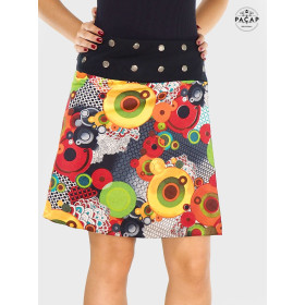 jupe été femme multicolore, jupe ethnique coton motif psychédélique, jupe portefeuille boutonnée, jupe fendue