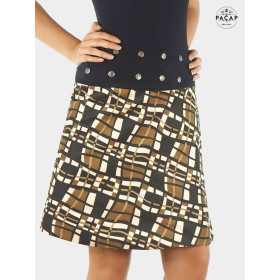jupe réversible marron motif carreaux rétro ska année 80 70 s, jupe portefeuille femme coton popeline