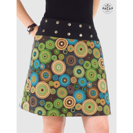 jupe verte, jupe marron motif ethnique mandala multicolore, jupe été, jupe femme, jupe africaine, tribal, coton