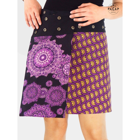 jupe ethnique femme , réversible, multi-taille imprimé japonais, mandala, boutonnée, portefeuille, fendue