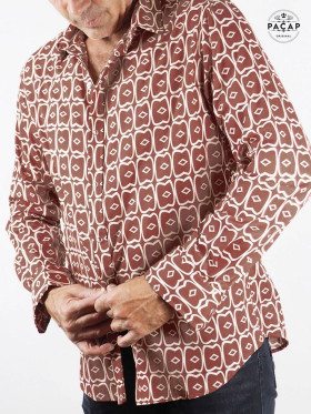 chemise ethnique marron manches longues bouton pression homme