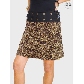 jupe mandala noir et jaune, jupe tzigane, jupe gitane, jupe hispanique, jupe espagnole, jupe noire reversible, jupe trapèze