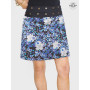 jupe portefeuille bleue en coton imprimé liberty motif a fleurs bleue ceinture avec logo pacap jupe évasée, jupe trapèze
