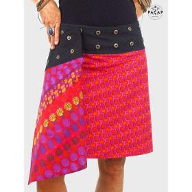 jupe indienne rouge portefeuille et réversible imprimé ethnique bohème ceinture plate a boutons, jupe rouge femme, jupe rose