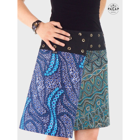 jupe ethnique grande taille réversible, jupe wrap boutonnée, jupe asymetrique fendue femme ronde