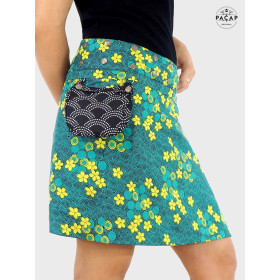jupe verte liberty zippée transformable pochette ceinture détachable boutons pression, jupe portefeuille sacoche