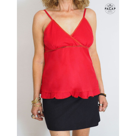caraco rouge finition volant cache coeur fine bretelle 100% coton unicolore taille unique elastique
